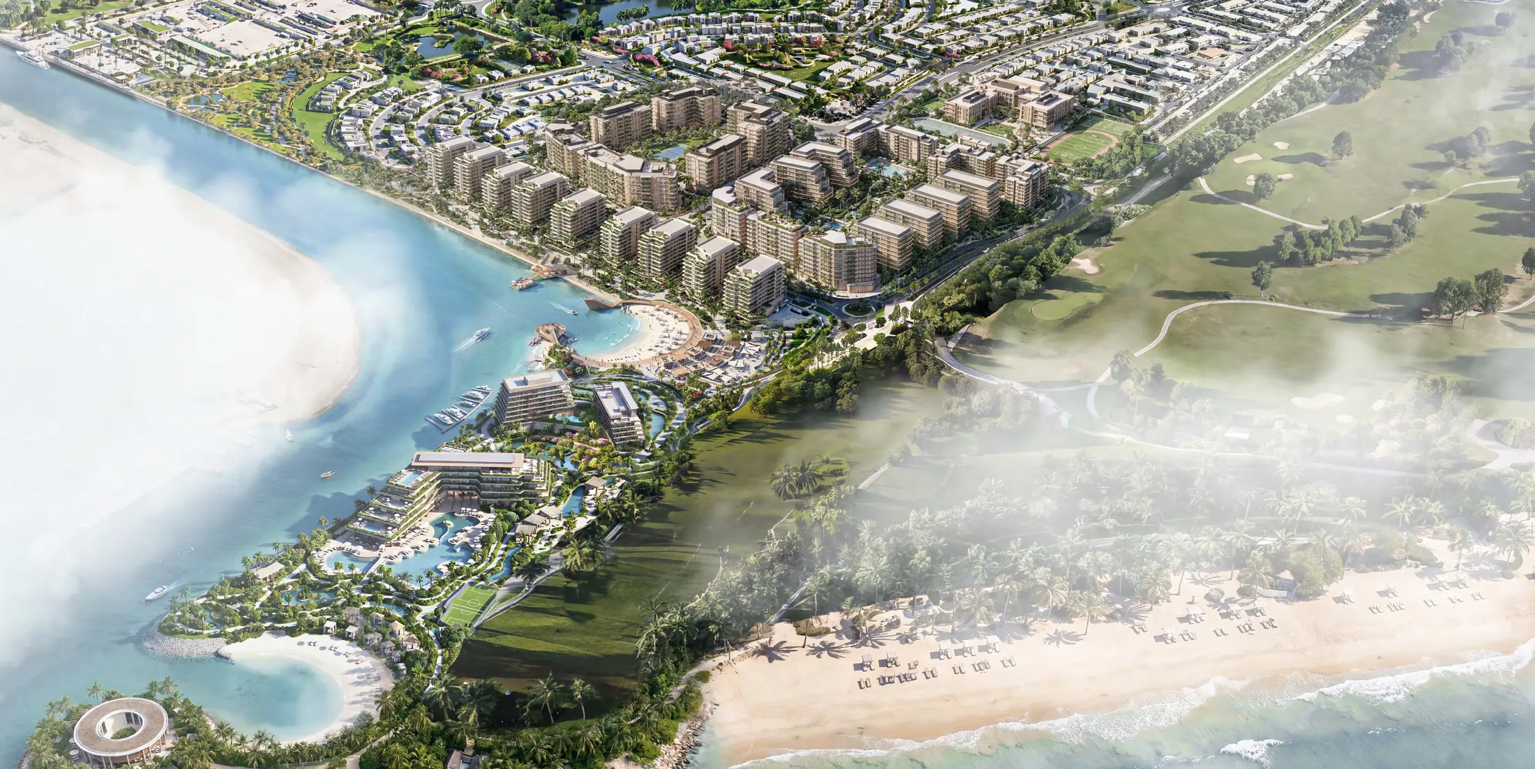 Aerial view of Yas Point at the northern tip of Yas Island, with its beach, marina and parks