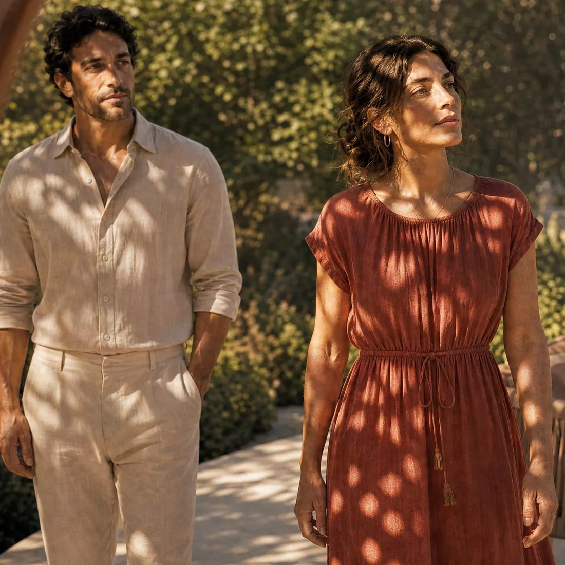 Residents walking through the shaded gardens