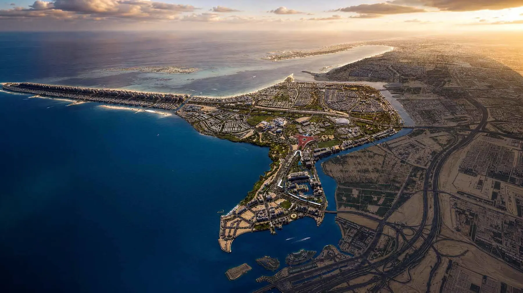 Yas Island from above at sunset, with Yas Point at its northern tip
