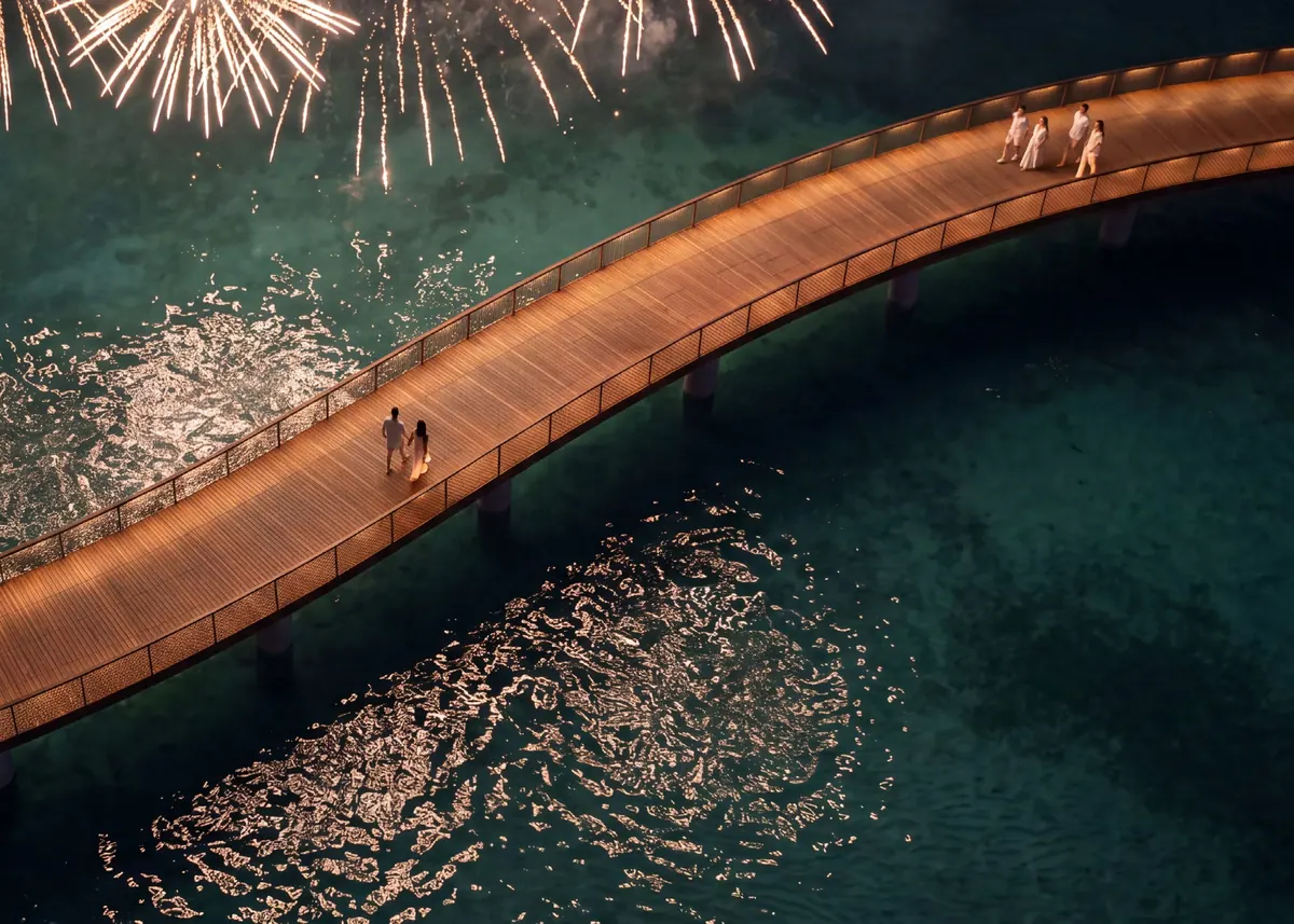 The destination pier curving over open water at Yas Point
