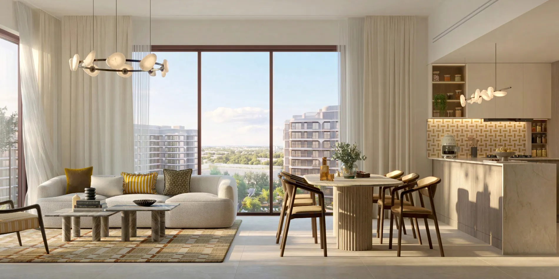 Living and dining room with floor-to-ceiling windows
